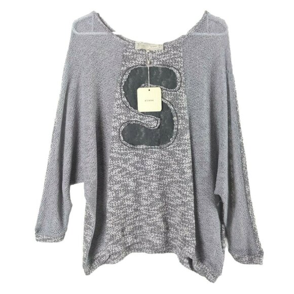 A’reve Women’s Sheer Mesh Mixed Media Pullover Top Gray M Raw Edge Lace Detail - Picture 1 of 7